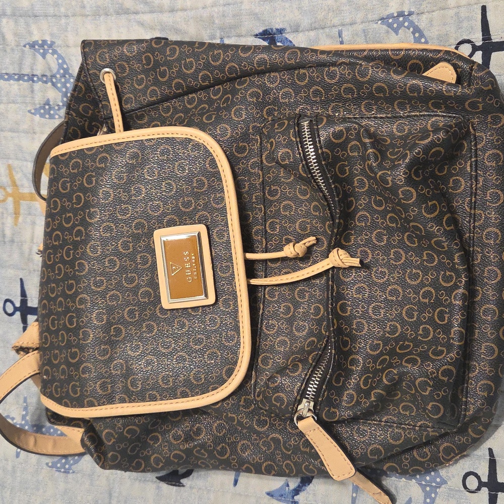 Guess Monogrammed Brown and Tan Backpack